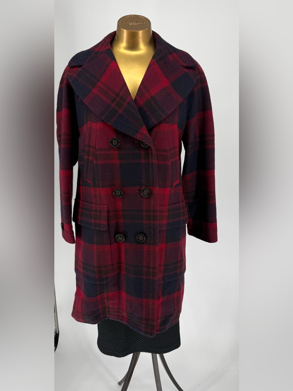 Marc Jacobs Red and Navy Plaid Wool Double-Breasted Coat Size Small